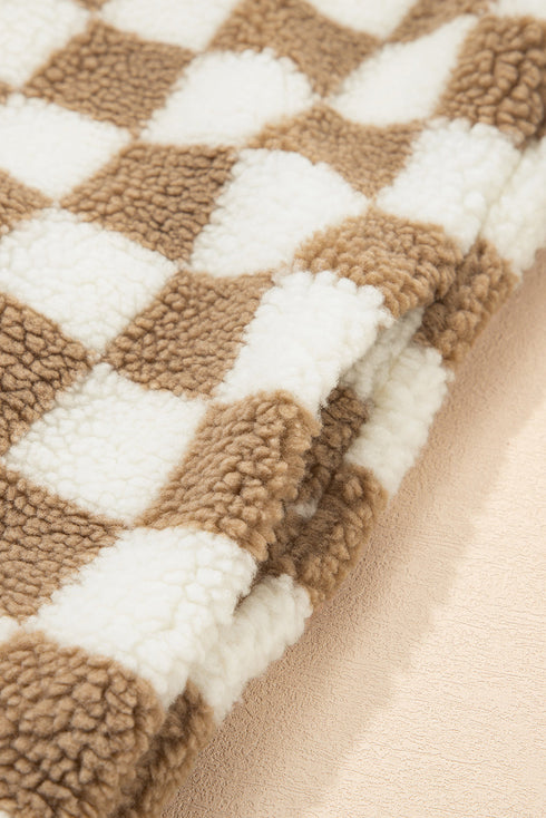 Checkered Sherpa Fleece Button Front Collarless Oversized Jacket